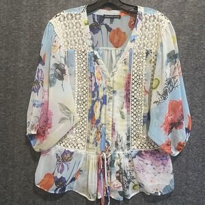 Daniel Rainn Top Womens M Blue Floral‎ Boho Crochet Pleated Tie Peplum Blouse